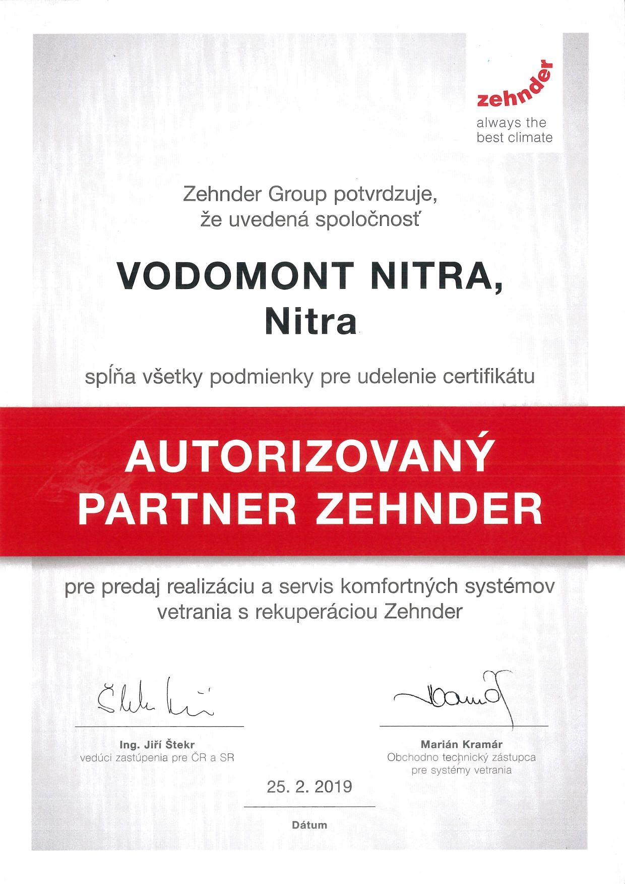 Zehnder certifikát